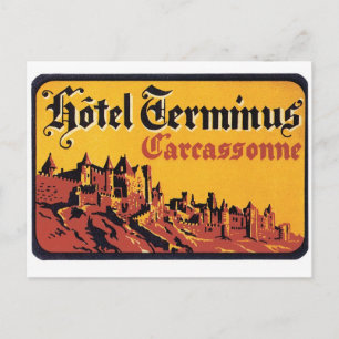Cartão Postal viagens vintage Carcassonne França Hotel Label Art