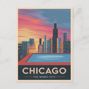 Cartão Postal Viagens vintage Chicago Sunset Skyline Cityscape