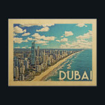 Cartão Postal Viagens vintage da costa de Dubai<br><div class="desc">Design em estilo Viagens vintage de Dubai com uma cena costeira com a praia e a linha do horizonte de Dubai.</div>