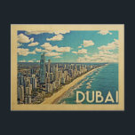 Cartão Postal Viagens vintage da costa de Dubai<br><div class="desc">Design em estilo Viagens vintage de Dubai com uma cena costeira com a praia e a linha do horizonte de Dubai.</div>