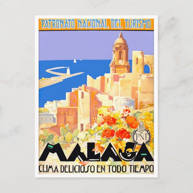 Cartão Postal Viagens vintage da Espanha de Málaga (Frente)