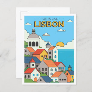 Cartão Postal Viagens vintage de Arte de Lisboa Desenhada à Mão