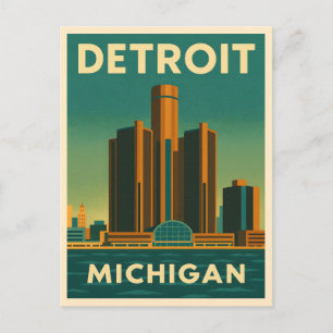 Cartão Postal Viagens vintage Detroit Michigan Cityscape Retro