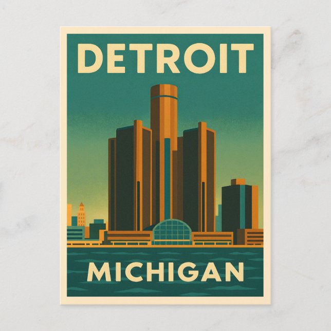 Cartão Postal Viagens vintage Detroit Michigan Cityscape Retro (Frente)