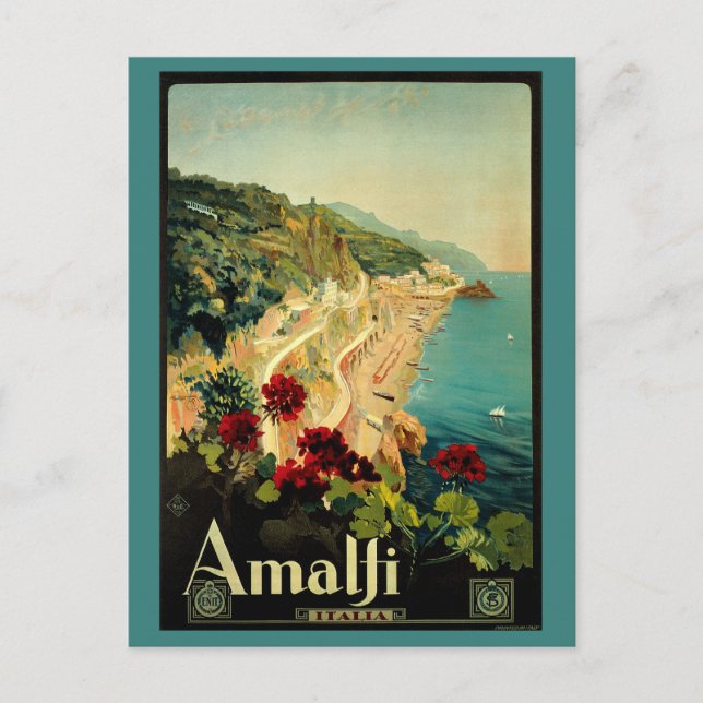 Cartão Postal viagens vintage, Praia Costeira Italiana Amalfi (Frente)