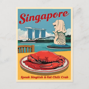 Cartão Postal Viagens vintage Retro Singapura Merlion Comida Hum