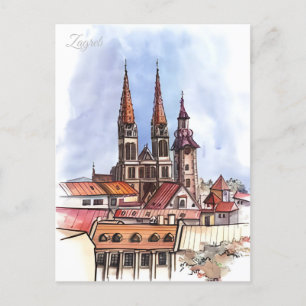 Cartão Postal Viagens vintage Zagreb Croácia Cityscape Retro