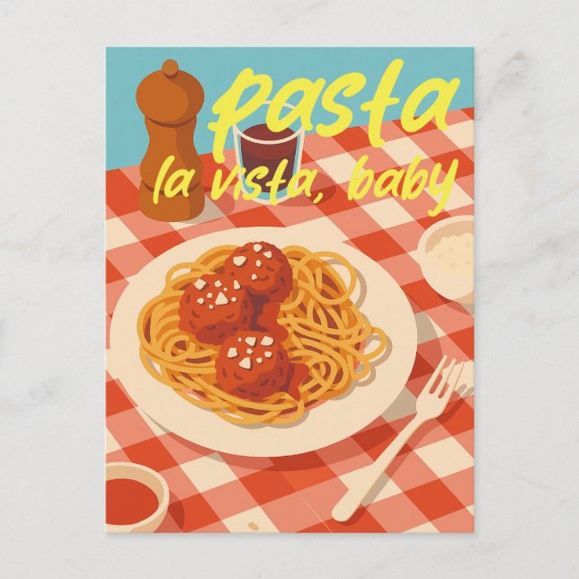 Cartão Postal Vibe de restaurante italiano retrô com pun de mass (Frente)