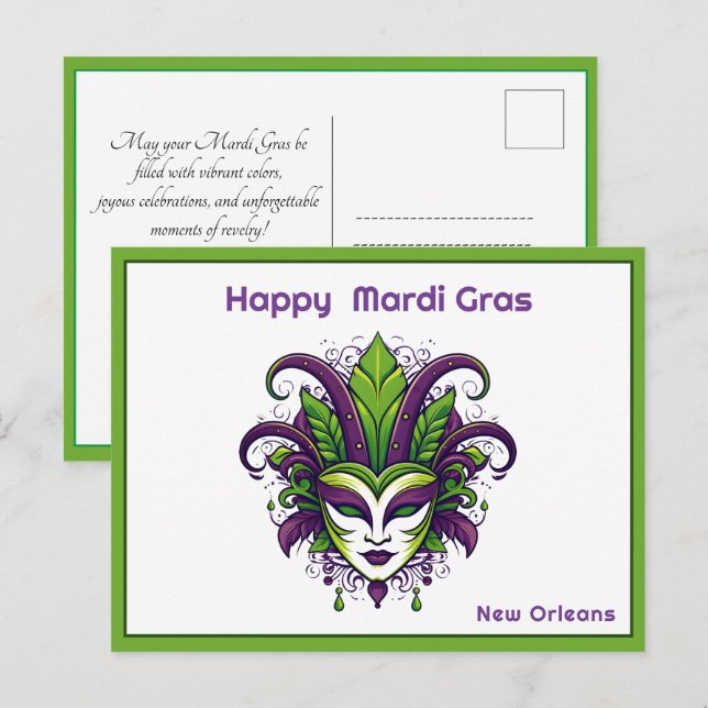 Cartão Postal 💚 💜 💛 Vibração de Mardi Gras (Frente/Verso)