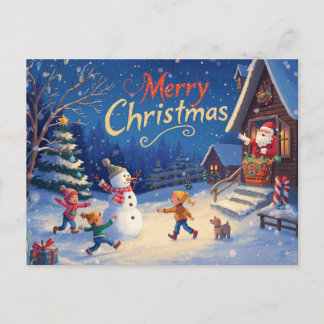 Cartão Postal Vibrant Christmas Postcard – Snowman & Santa