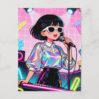 Cartão Postal Vibrant Japanese Karaoke Pop Art Girl
