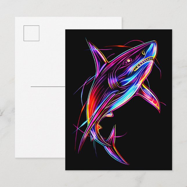 Cartão Postal Vibrant Neon Shark Modern Digital Ocean (Frente/Verso)
