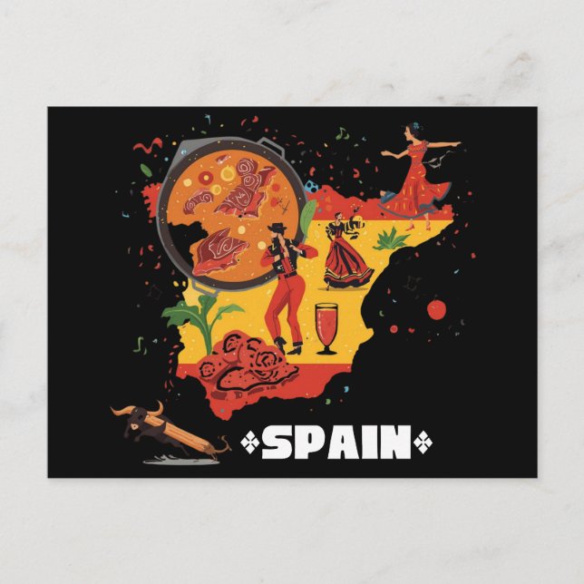 Cartão Postal Vibrant Spain Map Flamenco, Paella & Bull (Frente)