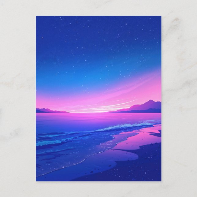 Cartão Postal Vibrant Starry Night Pink Beach (Frente)