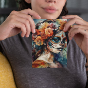 Cartão Postal Vibrant Watercolor Dia de los Muertos Catrina