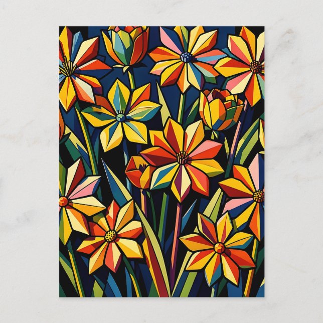 Cartão Postal Vibrante Buquê de Flores Geométricas Arco-Íris (Frente)