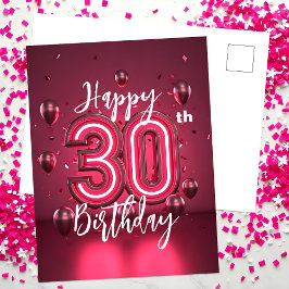Cartão Postal Vibrante Chic Neon Rosa Aniversário de 30 anos com