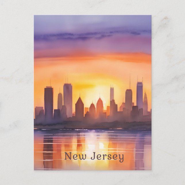 Cartão Postal Vibrante New Jersey Watercolor Arte Sunset (Frente)