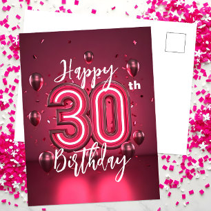 Cartão Postal Vibrante Rosa Neon Chic 30º Aniversário com Balões
