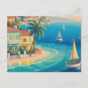 Cartão Postal Vibrante Vila Mediterrânea na Praia Tropical