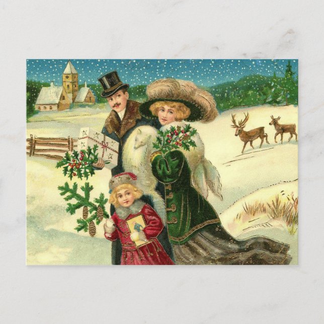 Cartão Postal Victorian family in the snow Christmas scene (Frente)