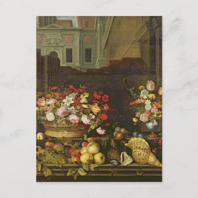 Cartão Postal Vida contínua com flores, Frutas e conchas (Frente)