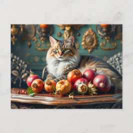 Cartão Postal Vida Estática Clássica com Gato e Frutas