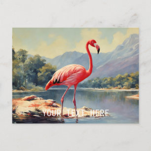 Cartão Postal Vida Selvagem Flamingo Rosa Rio Montanha Vintage