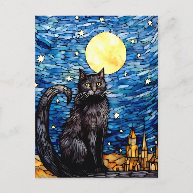 Cartão Postal Vidro Negra Gato Negra Estrelado Noite Estrelada (Frente)