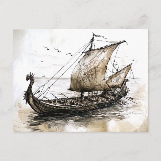Cartão Postal Viking Drawing of a Norse Viking ship (Frente)