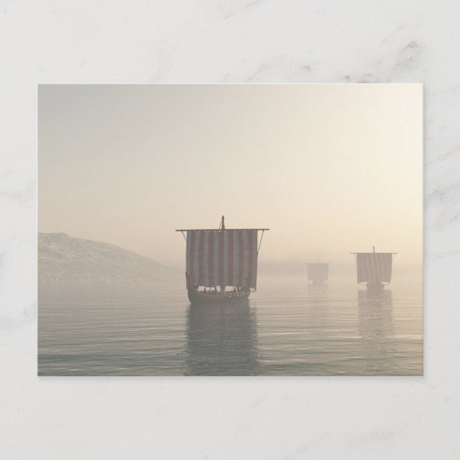 Cartão Postal Viking Longships in the Mist (Frente)