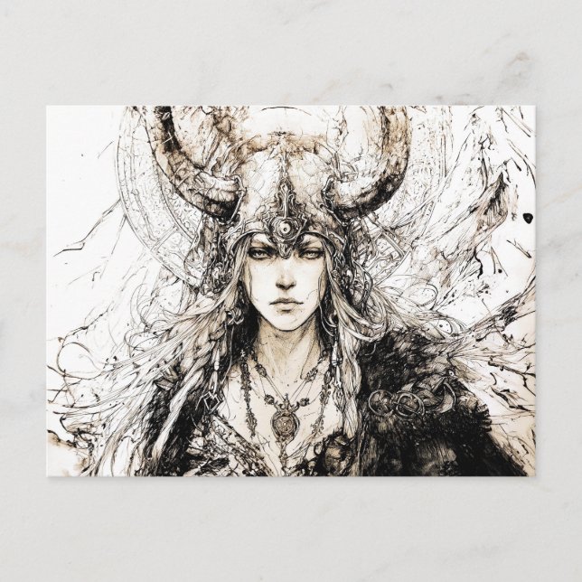 Cartão Postal Viking Pen Drawing of a Norse Goddess Freyja (Frente)