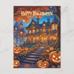 Cartão Postal Vila assustadora na floresta, abóboras, Halloween