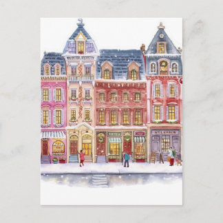 Cartão Postal Vila de Natal de Inverno em Aquarela