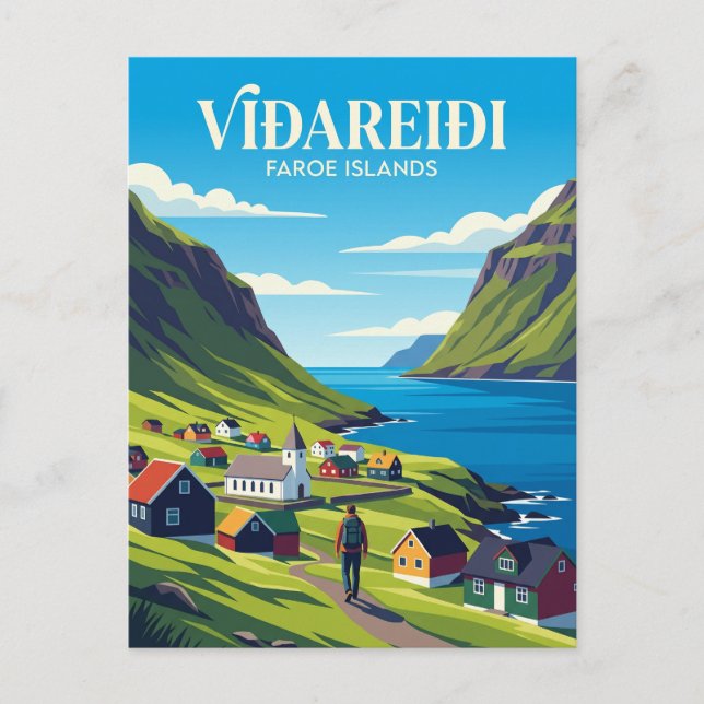 Cartão Postal Vila de Viðareiði Ilhas Faroé (Frente)