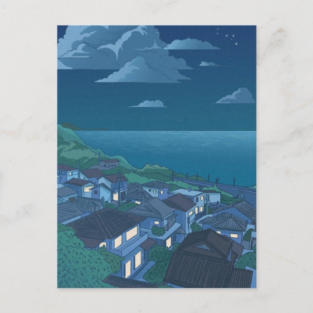 Cartão Postal Village sea Blue Night sky Anime (Frente)