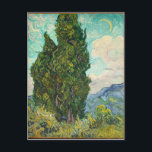 Cartão Postal Vincent Van Gogh Cypress<br><div class="desc">Belo trabalho de arte impressionista famoso pintor impressionista Vincent Van Gogh. Esta arte impressionista mostra ciprestes em um campo em frente a nuvens girando e uma lua no céu. As chaleiras,  amarelos e verdes são adoráveis.</div>