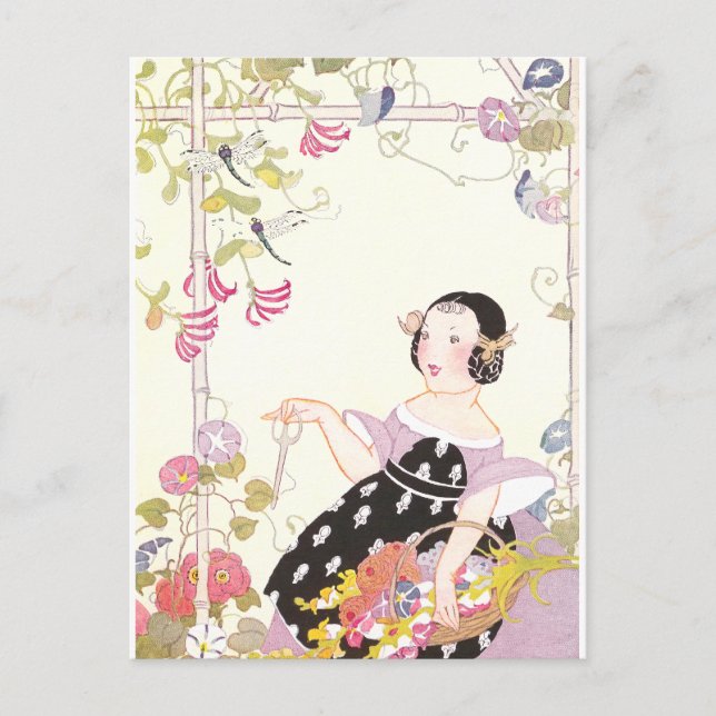 Cartão Postal Vinha e garota com flores cortadas (Frente)