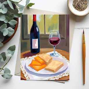 Cartão Postal Vinho e Queijo   Pintura em Aquarela