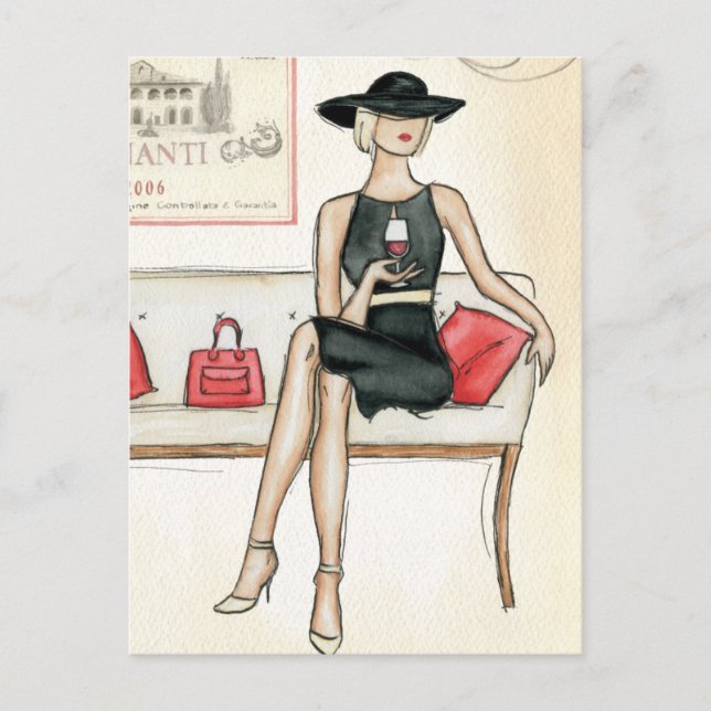Cartão Postal Vinho tinto Bebendo feminino (Frente)