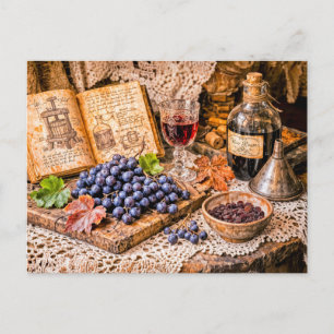 Cartão Postal Vinho Tradicional Prensado à Mão com Uvas e Ano de
