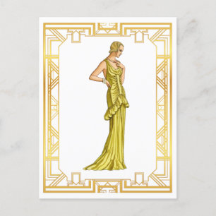 Cartão Postal Vintage 1930 Fashion Dourado Hollywood Gown Art