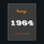 Cartão Postal Vintage 1964 edição limitada 60th Birthday Gift<br><div class="desc">Vintage 1964 year limited edition 60th Birthday Gift</div>