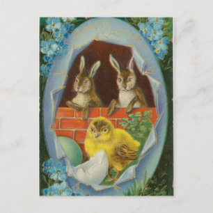 Cartão Postal Vintage 2 Bunnies de Páscoa e um Pintinho
