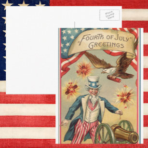 Cartão Postal Vintage 4 de julho Fireworks com o tio Sam
