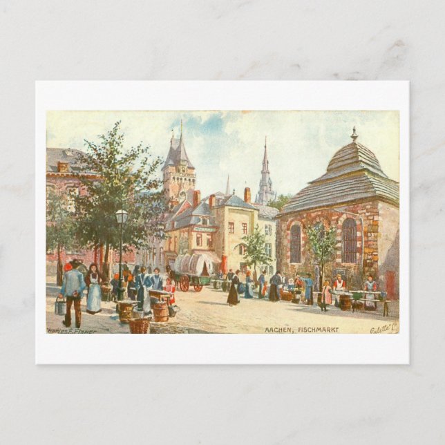 Cartão Postal Vintage Aachen Germany Fischmarkt (Frente)