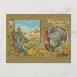 Cartão Postal Vintage Ação de Graças saudando peru e fazenda