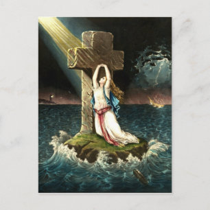 Cartão Postal Vintage agarrando ao Cristo da rocha na Fé 1871