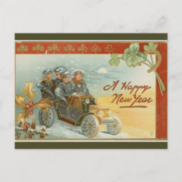 Cartão Postal Vintage Amigos em um Velho Carro Movido Ano Novo