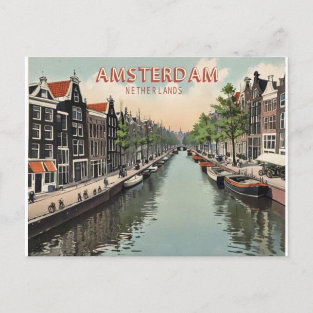 Cartão Postal Vintage Amsterdam Países Baixos Waterfront & Boat (Frente)